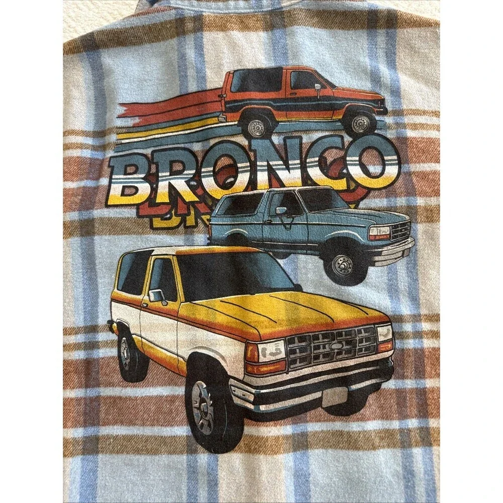Ford Bronco Flannel Shirt Women’s S/M  Blue Plaid Western Oversized Shacket